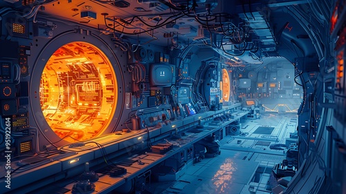 A detailed scene inside a nuclear-powered icebreaker ship navigating through thick Arctic ice, with the ship s nuclear fission reactor glowing in the cutaway, symbolizing the power and reliability 