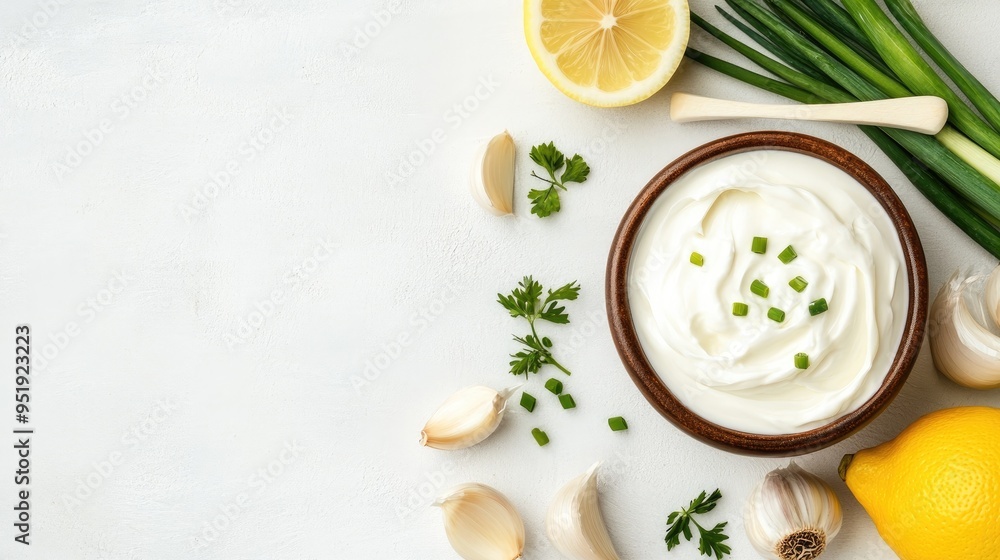 This bowl of ranch dressing, enriched with fresh chives, garlic, and lemon, sits invitingly on a grey countertop, perfect for enhancing your next meal. This bowl of ranch dressing, enriched with fresh chives, garlic, and lemon, sits invitingly on a grey countertop, perfect for enhancing your next meal.
