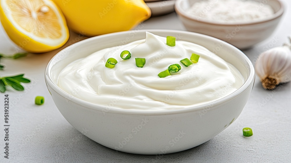 This bowl of ranch dressing, enriched with fresh chives, garlic, and lemon, sits invitingly on a grey countertop, perfect for enhancing your next meal. This bowl of ranch dressing, enriched with fresh chives, garlic, and lemon, sits invitingly on a grey countertop, perfect for enhancing your next meal.