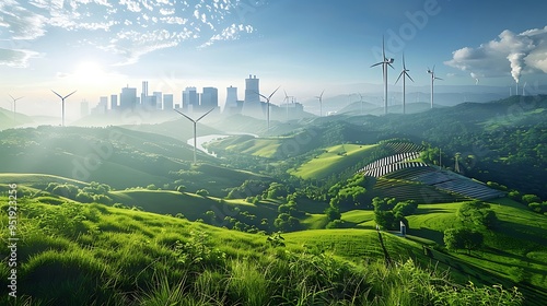 An artistic rendering of a futuristic world where nuclear fission provides the primary source of energy, with clean, efficient power plants surrounded by lush green landscapes, wind turbines, 