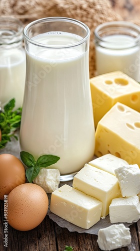A rustic wooden table is adorned with an array of dairy products like cottage cheese, cheddar, feta, and eggs, creating a warm, inviting setup with space for text.