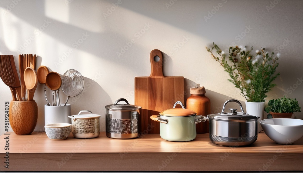 Neatly arranged kitchen gadgets on a counter Neatly arranged kitchen gadgets on a counter
