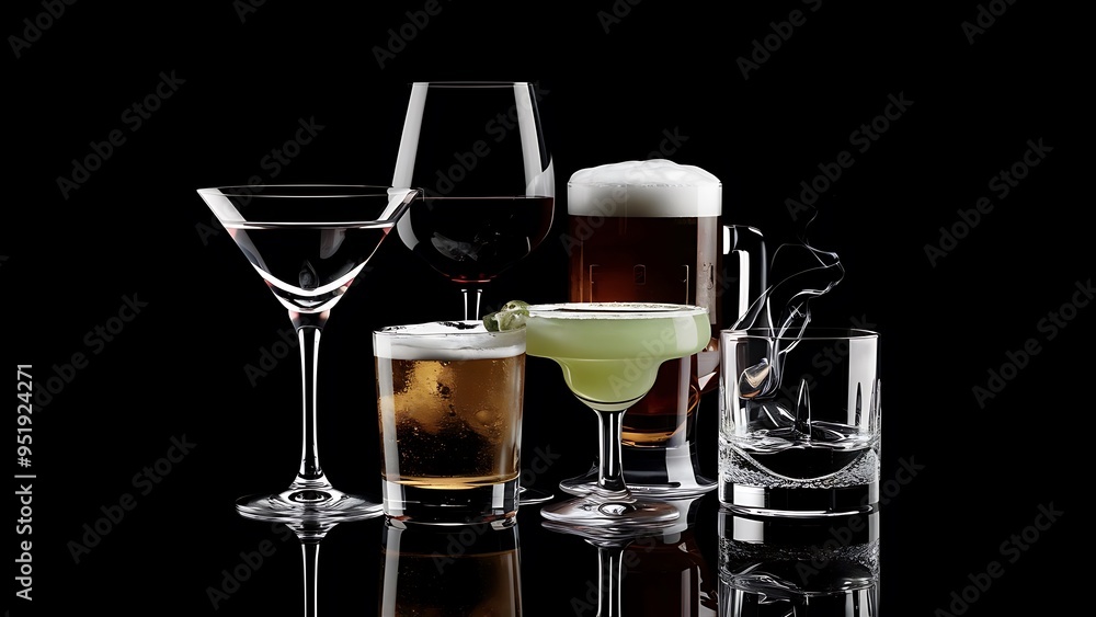 A variety of alcoholic drinks isolated on black A variety of alcoholic drinks isolated on black