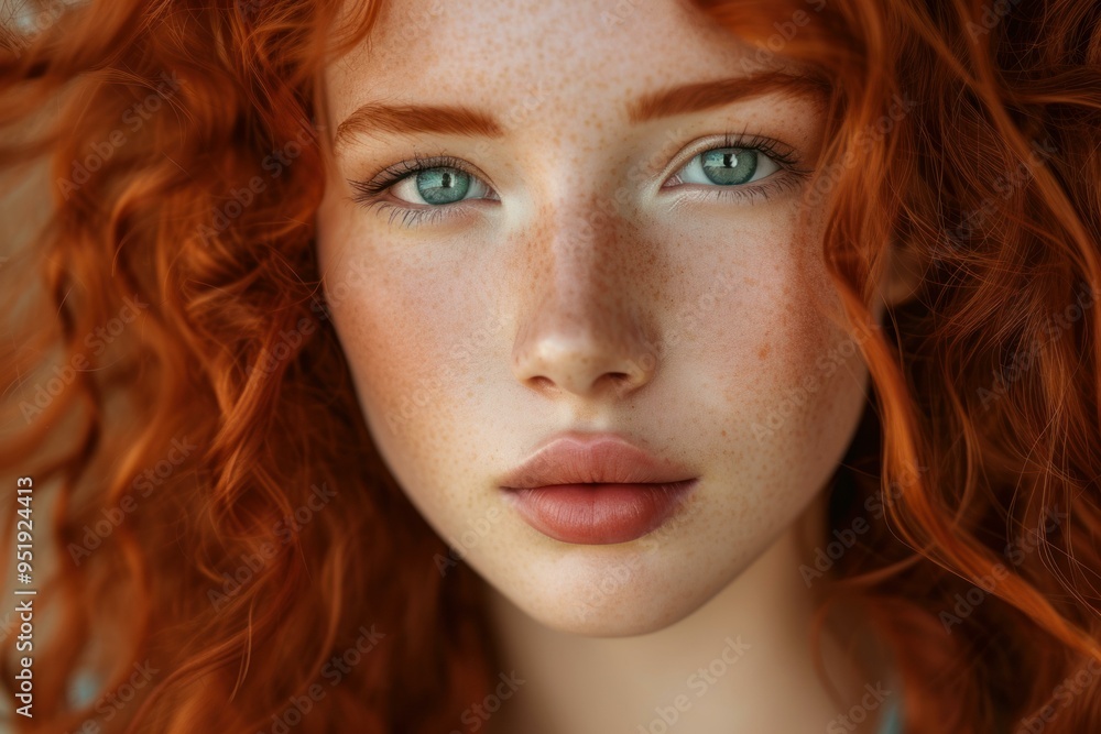 Close up portrait of a serene young adult woman with vibrant red curly hair, green eyes, and freckles, showcasing her natural beauty and elegant femininity Close up portrait of a serene young adult woman with vibrant red curly hair, green eyes, and freckles, showcasing her natural beauty and elegant femininity