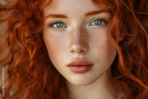 Close up portrait of a serene young adult woman with vibrant red curly hair, green eyes, and freckles, showcasing her natural beauty and elegant femininity