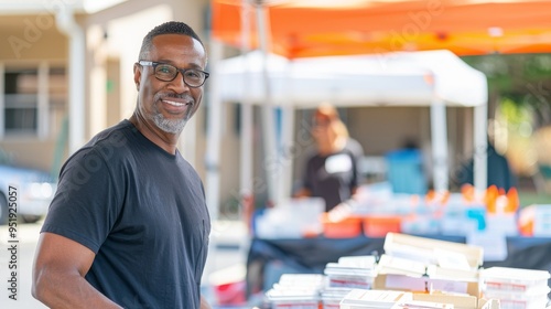 Smiling Black Man with Glasses at Outdoor Market Stall