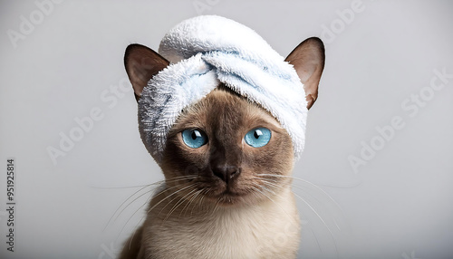 adorable tonkinese cat with towel on head photo