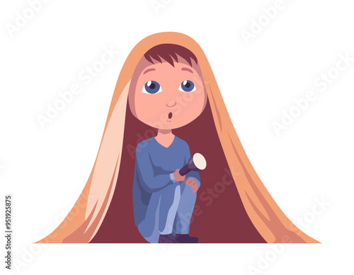 Childhood fears nightmares. Girl in room. Scared children sitting on bed under blanket. Cartoon character isolated on white background. Vector illustration