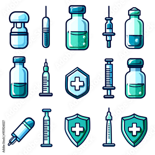 Various vaccine vials and syringes arranged in a grid pattern