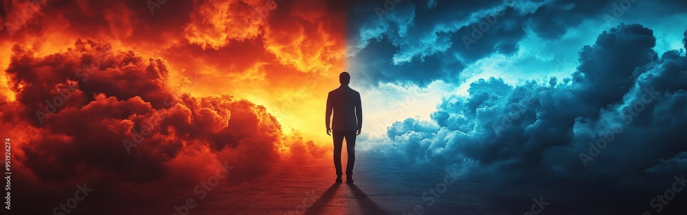 Man Standing Between Fiery Past and Serene Future Man Standing Between Fiery Past and Serene Future