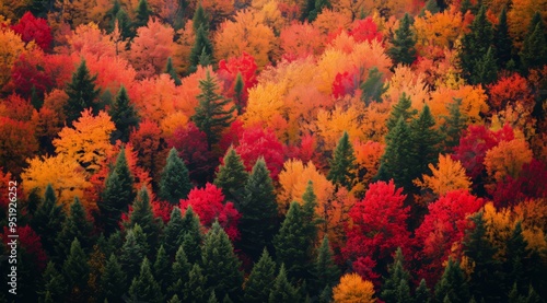 Panoramic Aerial View of Colorful Autumn Forest