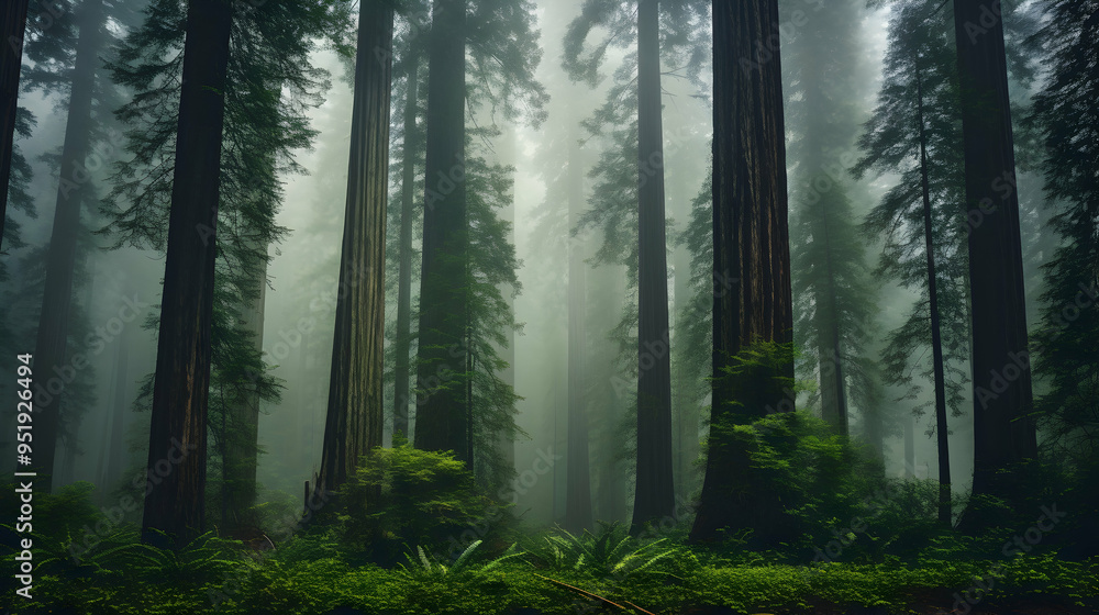 Fototapeta premium Towering redwoods in a misty forest