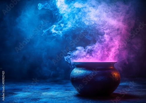 A witch cauldron emitting purple smoke in a dark room, perfect for Halloween-themed designs, parties, or marketing materials for spooky events with copy space.