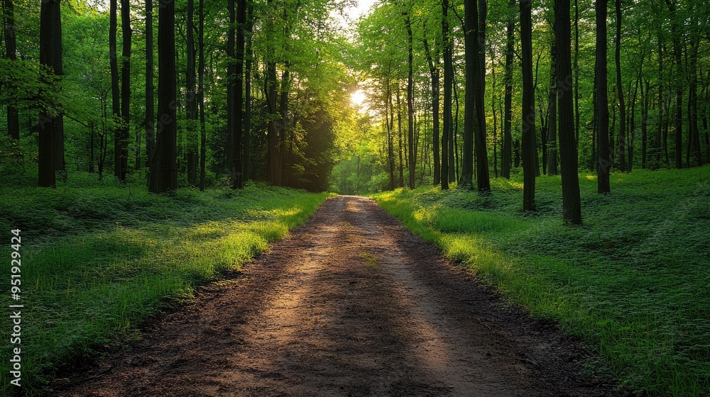 Obraz premium Sun shining through trees on path leading into forest