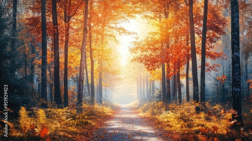 Sun shining through foggy forest in autumn on country road