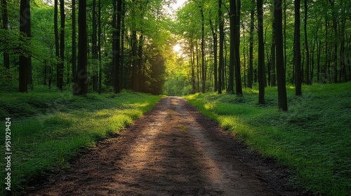 Sun shining through trees on path leading into forest