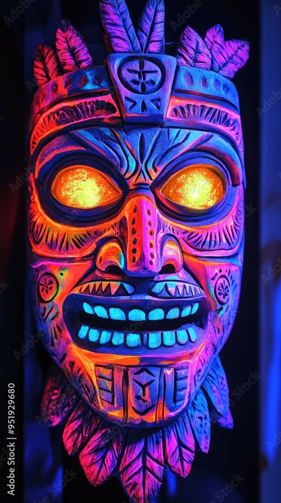 Vibrantly painted Tiki mask with bright patterns, glowing eyes in blacklight. Vibrantly painted Tiki mask with bright patterns, glowing eyes in blacklight.