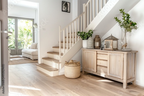 Staircase with white wooden steps and light wood floor. Interior design of a modern hallway photo