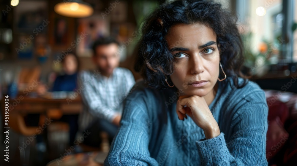 A woman with a blue sweater is sitting at a table with her hands on her knees A woman with a blue sweater is sitting at a table with her hands on her knees