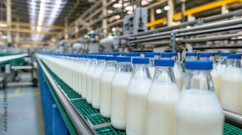 The filling process features sleek, stainless steel machinery efficiently dispensing smooth white milk into bottles, set against a contrasting dark background The filling process features sleek, stainless steel machinery efficiently dispensing smooth white milk into bottles, set against a contrasting dark background