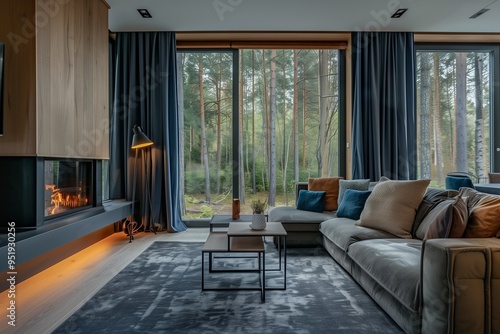 A modern living room in the forest, with large windows and blue curtains.