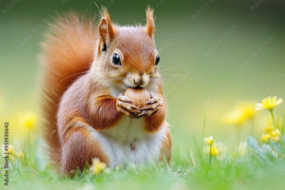 Red squirrel enjoying a walnut in the grass