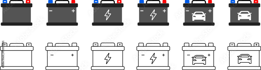 Car battery. Set of color car battery icons. Colored car battery symbol. Vector illustration on white background
