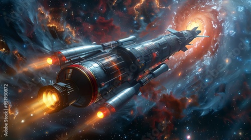 Fototapeta Naklejka Na Ścianę i Meble -  An imaginative scene depicting a futuristic spacecraft powered by a nuclear fission engine, soaring through the vastness of space with distant galaxies and nebulae in the background, highlighting 