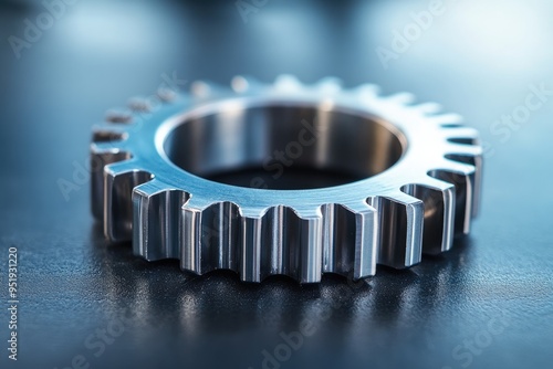 Close-up of a steel gear on a dark surface, detailed mechanical precision.