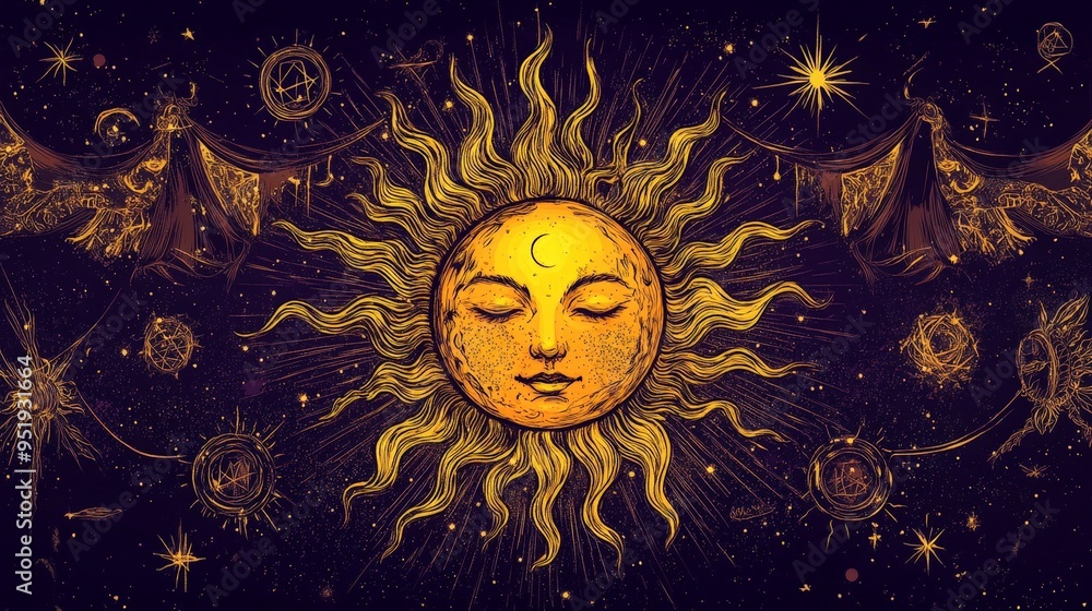 Fototapeta premium Mystical Zodiac Poster with Golden Sun and Zodiac Symbols