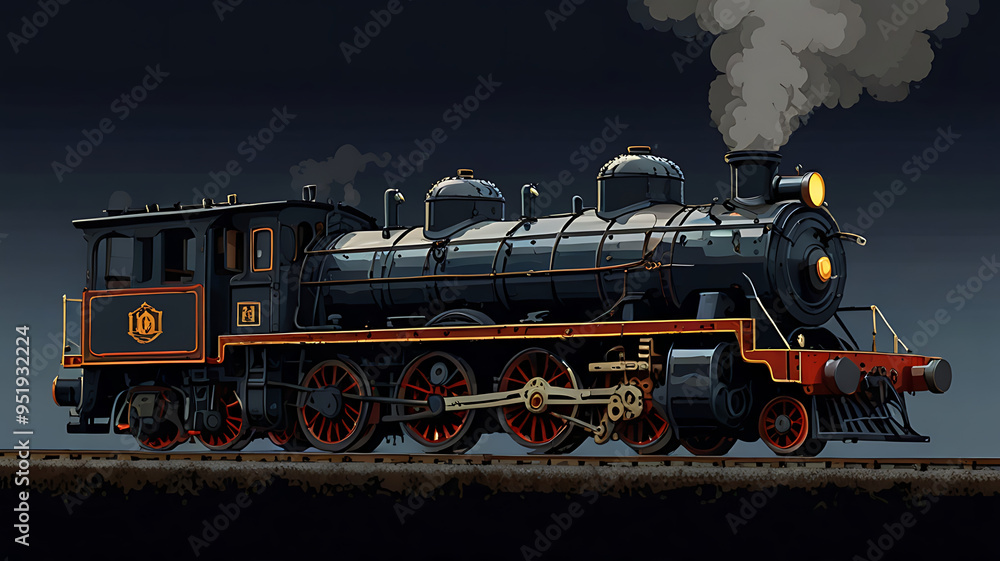 Naklejka premium Close-up of a steam locomotive's front, featuring the headlight and smokestack, emphasizing the vintage industrial feel, 8-bit style, retro style