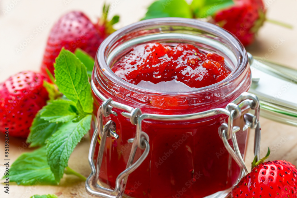 Strawberry jam on wooden. Jelly marmalade glass concept. A table with a jar of jam and strawberries on it with mint. A wooden table with a jar of jam and berries on it lifestyle with mint. Strawberry jam on wooden. Jelly marmalade glass concept. A table with a jar of jam and strawberries on it with mint. A wooden table with a jar of jam and berries on it lifestyle with mint.