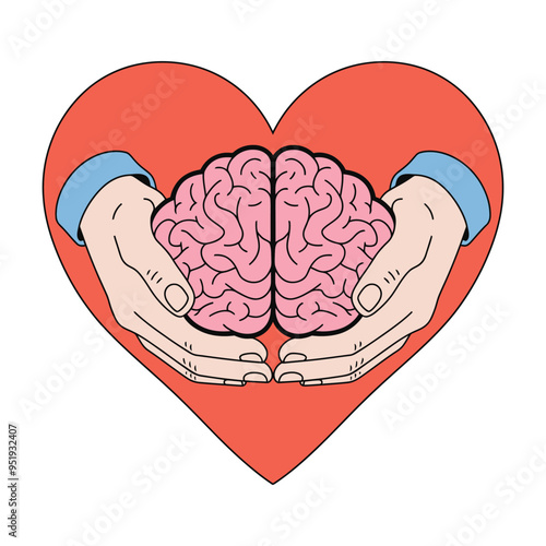 Hands cradling brain within a heart symbolizing love and care for mental health photo