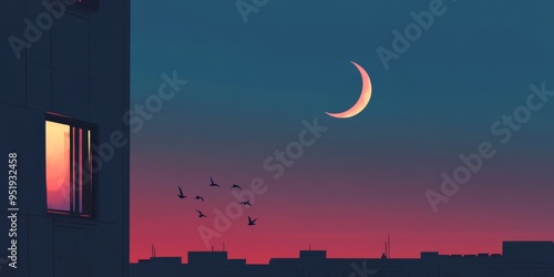 Peaceful dusk with a crescent moon and birds flying near a softly lit window