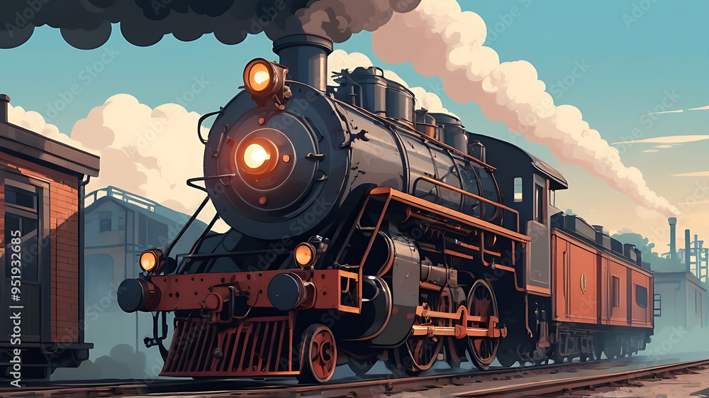 Obraz premium Close-up of a steam locomotive's front, featuring the headlight and smokestack, emphasizing the vintage industrial feel, 8-bit style, retro style