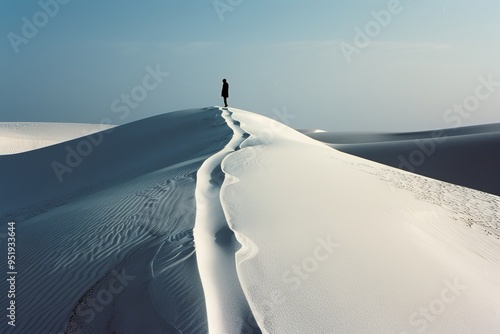 A lone figure stands atop the rolling dunes of Whitesand in an analog film photo at dawn  photo