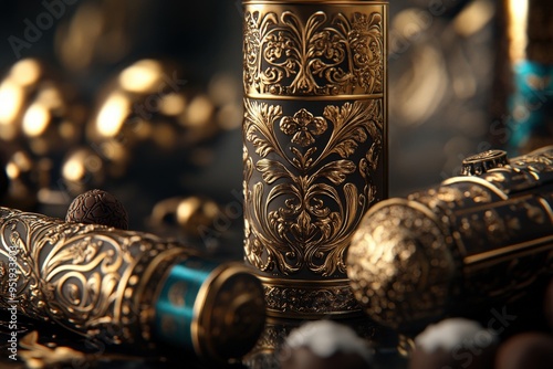 Ornate containers decorated with luxurious golden scrolls and patterns, evoking a sense of timeless elegance and artistic craftsmanship, ideal for high-end packaging.