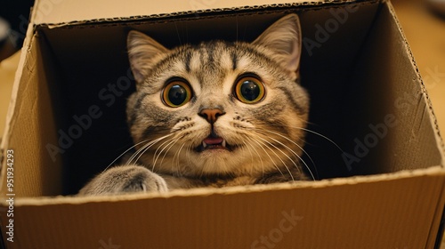 Surprised Cat with Wide Eyes Poking Out of a Cardboard Box in Adorable and Humorous Scene