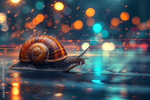 Snail crawling on wet asphalt at night with bokeh lights