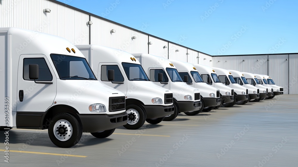 A lineup of white trucks is parked neatly outside a warehouse under daylight, showcasing high-quality 3D rendering techniques. The scene emphasizes industrial transportation A lineup of white trucks is parked neatly outside a warehouse under daylight, showcasing high-quality 3D rendering techniques. The scene emphasizes industrial transportation