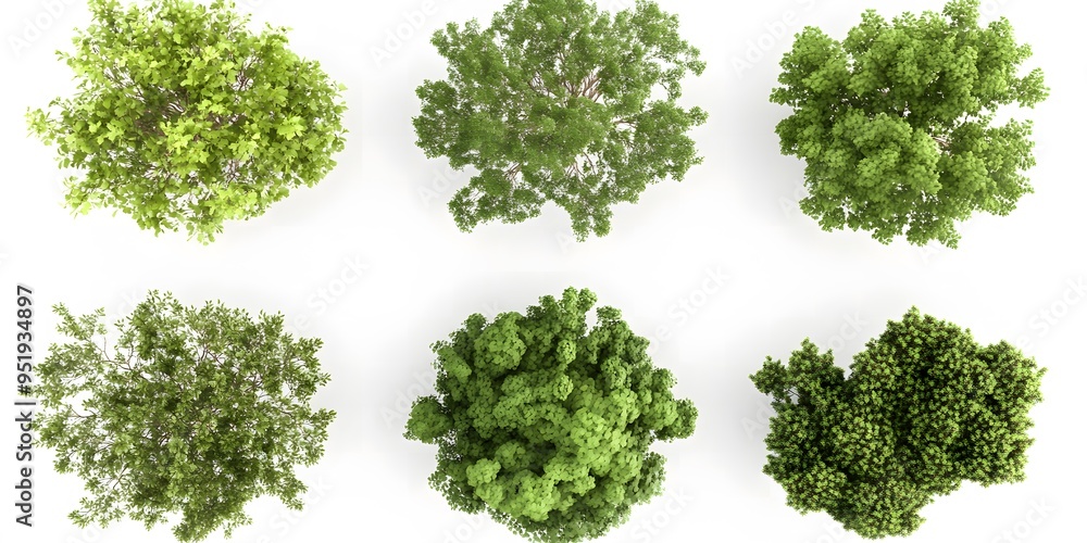 Obraz premium 3D Models of Green Bushes and Trees on a White Background