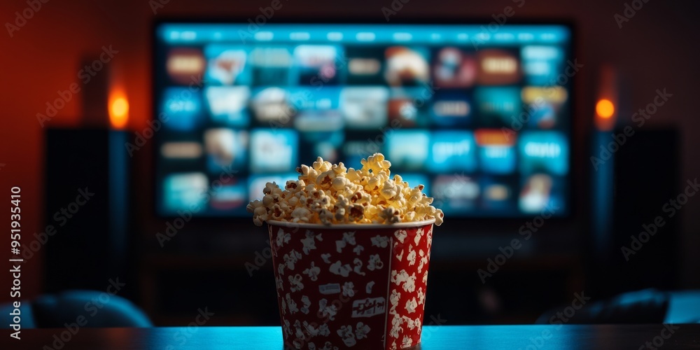Popcorn bucket with a playful design, front and center, against a blurred background of a streaming menu on TV Popcorn bucket with a playful design, front and center, against a blurred background of a streaming menu on TV