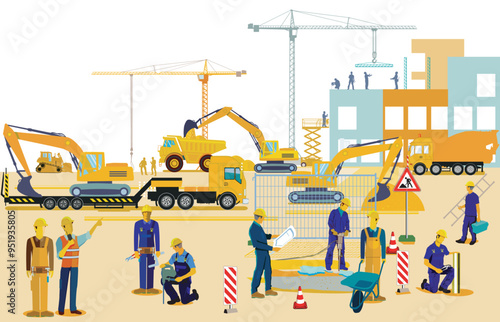 Hochbau mit Kran und Bauunternehmer,   illustration.eps