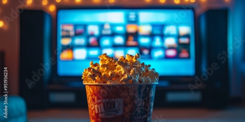 Close-up of a bucket of popcorn with a blurred TV screen in the background, creating a cozy movie night atmosphere