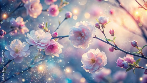 whimsical dreamscapes soft focus lens capturing delicate petal textures ethereal twinkling lights romantic pastel hues whimsical feminine essence morning dew kissed blossoms photo