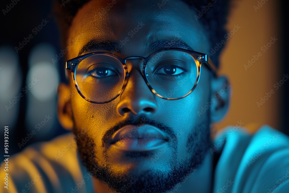 African American Man in Glasses Deep in Thought and Distracted from His Computer Work African American Man in Glasses Deep in Thought and Distracted from His Computer Work