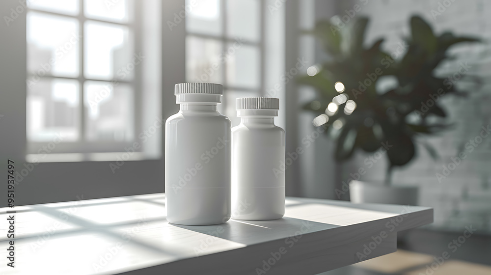 Two white pill bottles sit on a table in a bright room, sunlight streaming through a window behind them. Two white pill bottles sit on a table in a bright room, sunlight streaming through a window behind them.