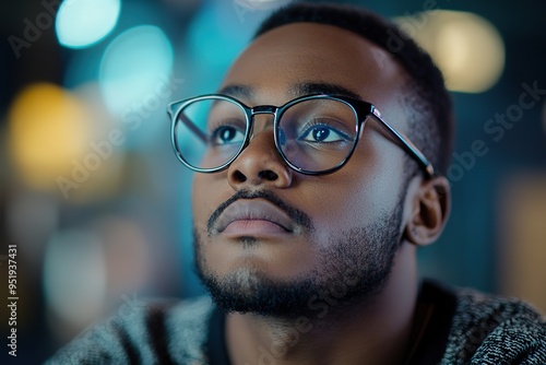 African American Man in Glasses Deep in Thought and Distracted from His Computer Work