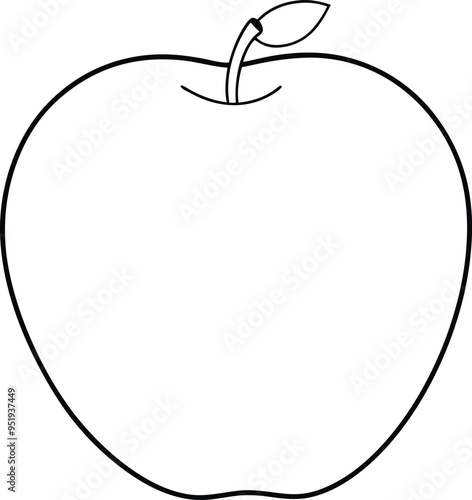 A minimal line art illustration showing the entire outline of an apple capturing its simple round shape and stem 