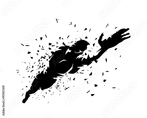 Crawl swimming, isolated vector swimmer silhouette, ink drawing